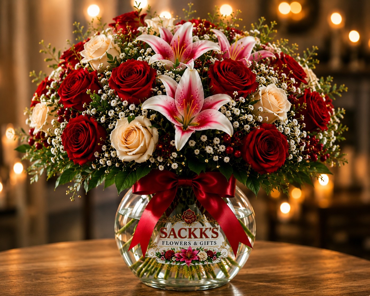 SACKK'S Flowers & Gifts main floral arrangement with red roses, cream roses, and lilies in Mercedes Texas